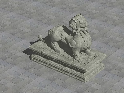 Traditional Stone Lion Landscape Sculpture With Detailed Base On Outdoor Gray Stone Tiled Ground 3d model
