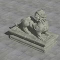 Traditional Stone Lion Landscape Sculpture With Detailed Base On Outdoor Gray Stone Tiled Ground