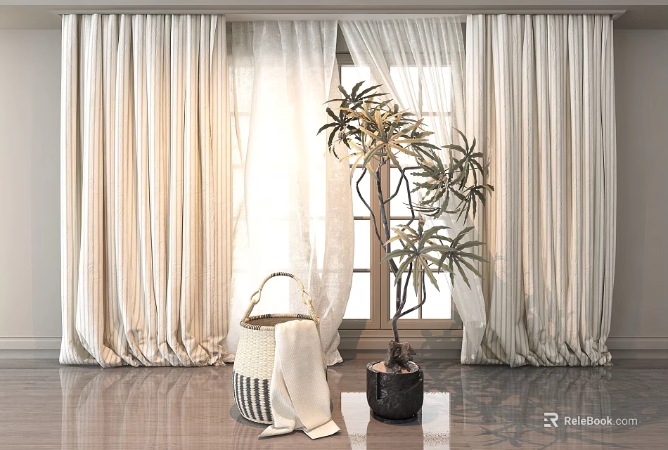 Elegant Beige Curtains With Light Fabric By Window And Indoor Plant On Floor 3d model 