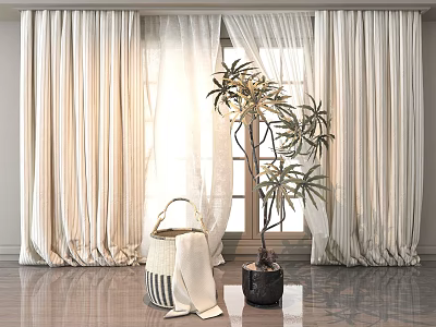 Elegant Beige Curtains With Light Fabric By Window And Indoor Plant On Floor 3d model