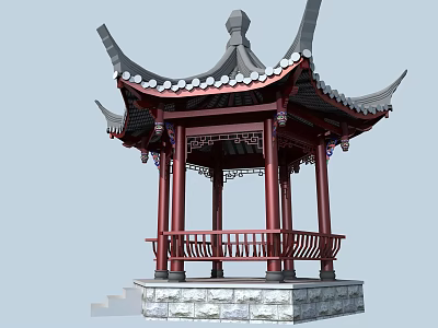 Traditional Chinese Pavilion With Upturned Eaves Red Pillars Carved Railings And Stone Base 3d model
