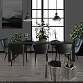 Modern Dining Table Set With Gray Chairs Pendant Lights And Green Plants 3d model