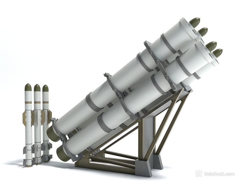 Military Missile Launcher System With Tilted White Tubes And Vertical Missiles On Metal Frame 3d model 