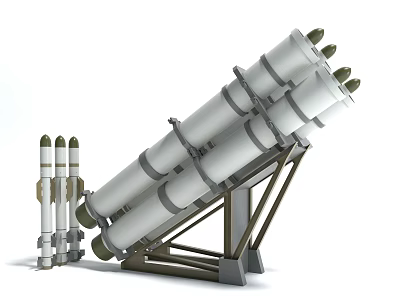 Military Missile Launcher System With Tilted White Tubes And Vertical Missiles On Metal Frame 3d model