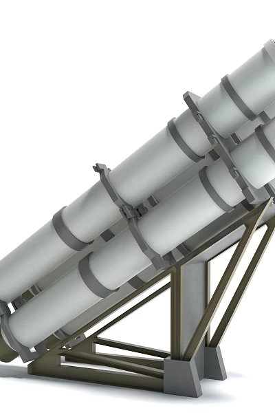 Military Missile Launcher System With Tilted White Tubes And Vertical Missiles On Metal Frame 3d model