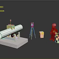 Construction Site Setup With White Pipe Tripod Yellow Bucket Worker And Wooden Planks