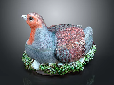 Detailed Bird Sculpture With Red Gray Brown Feathers Green Base And Eggs 3d model