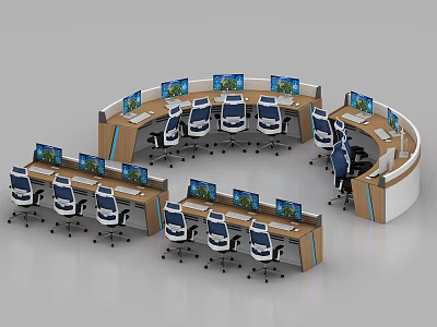 Modern Office Interior Design With Circular Workstations Computer Monitors And Ergonomic Chairs 3d model