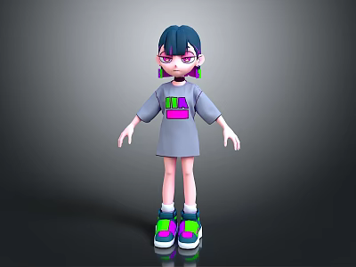 3D Game Character With Blue Black Hair Purple Eyes Gray LA Dress And Colorful Sneakers 3d model
