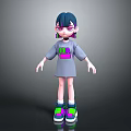 3D Game Character With Blue Black Hair Purple Eyes Gray LA Dress And Colorful Sneakers