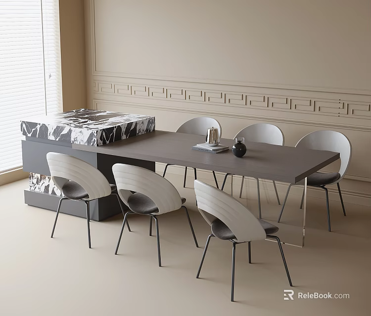 Modern Dining Set With Dark Wooden Table Light Gray Chairs And Patterned Cabinet 3d model