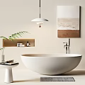 Modern Minimalist Bathroom Interior With White Freestanding Bathtub Hanging Lamp And Decorative Painting