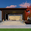 Modern Entrance Gate With Blue Pillar Green Trees And Architectural Design
