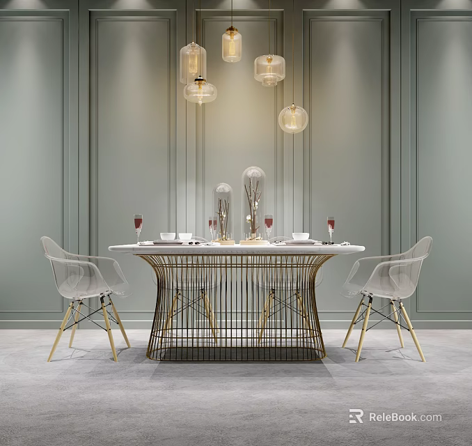 Modern Dining Table Set With White Tabletop Gold Metal Base Transparent Chairs And Pendant Lights 3d model 