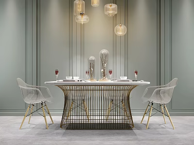 Modern Dining Table Set With White Tabletop Gold Metal Base Transparent Chairs And Pendant Lights 3d model
