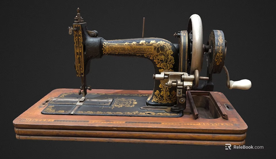 Vintage Sewing Machine Black Body With Gold Patterns Wooden Base Large Wheel And White Handle 3d model 
