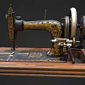 Vintage Sewing Machine Black Body With Gold Patterns Wooden Base Large Wheel And White Handle