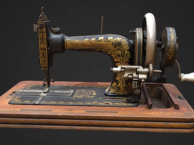 Vintage Sewing Machine Black Body With Gold Patterns Wooden Base Large Wheel And White Handle 3d model