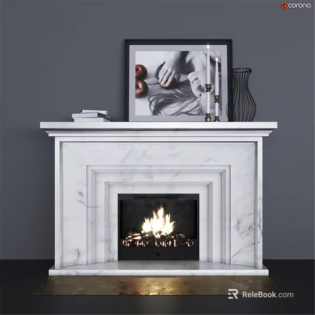 White Marble Fireplace with Mantel Featuring Picture Candles Vase and Books and Burning Flames 3d model 