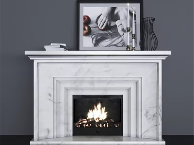 White Marble Fireplace with Mantel Featuring Picture Candles Vase and Books and Burning Flames 3d model