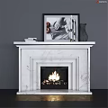 White Marble Fireplace with Mantel Featuring Picture Candles Vase and Books and Burning Flames
