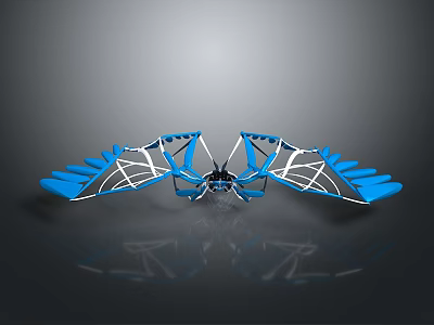 Blue Mechanical Winged Structure With Symmetrical Grid Design And Reflective Base 3d model