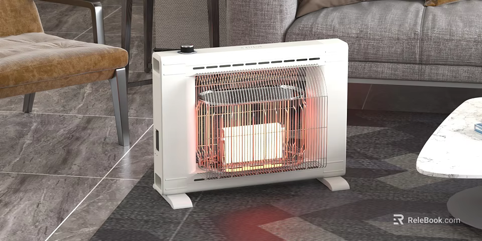 White Electric Heater Glowing In Living Room With Sofa And Chair 3d model 
