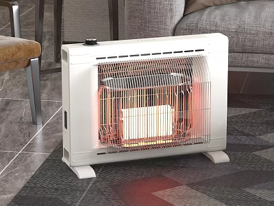White Electric Heater Glowing In Living Room With Sofa And Chair 3d model