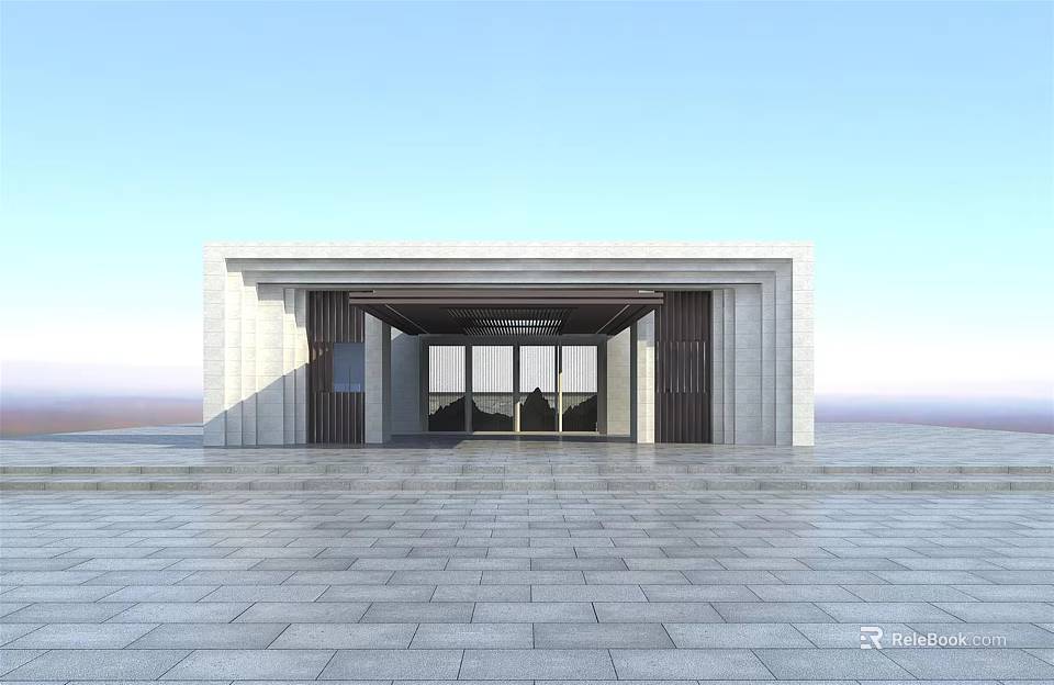 Modern Entrance Gate Design With Stone Walls Glass Doors And Paved Square 3d model 