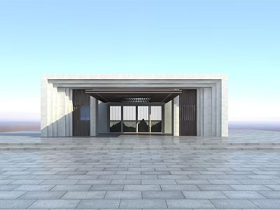 Modern Entrance Gate Design With Stone Walls Glass Doors And Paved Square 3d model