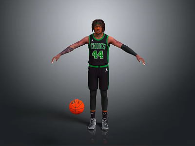 A Man Wearing Celtics Number 44 Jersey With Arms Outstretched And Basketball 3d model