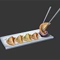 Pan Fried Dumplings Served On White Rectangular Plate With Chopsticks Dipping Sauce And Green Onions