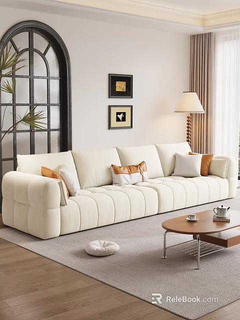 Modern Beige Velvet Sofa With Cushions And Wooden Coffee Table In Cozy Living Room 3d model 