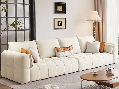 Modern Beige Velvet Sofa With Cushions And Wooden Coffee Table In Cozy Living Room 3d model