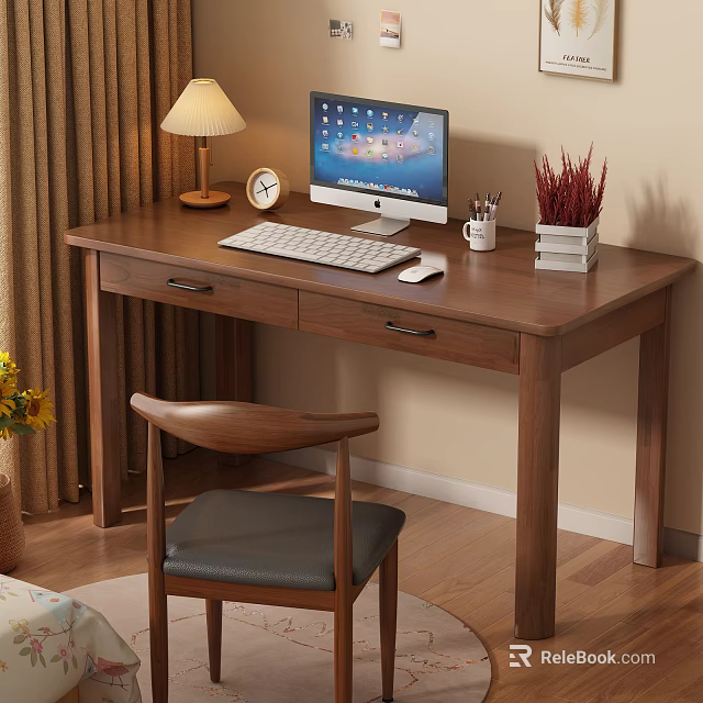 Wooden Desk And Chair Set For Home Office With Computer Lamp Clock And Stationery 3d model 