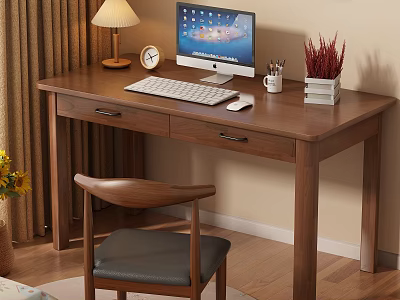 Wooden Desk And Chair Set For Home Office With Computer Lamp Clock And Stationery 3d model