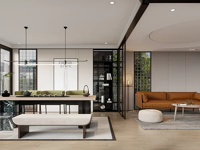 Modern Tea Room Interior With Table Bench Sofa And Bookshelf 3d model