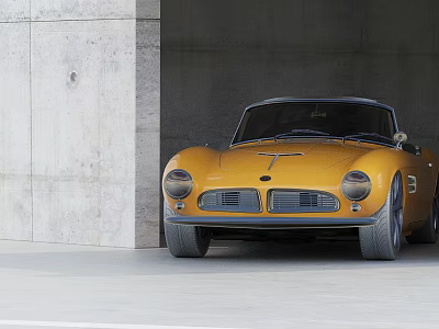 Yellow Retro Sports Car With Classic Exterior Design Parked By Concrete Wall 3d model