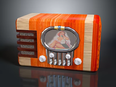 Vintage Wooden Radio With Orange Finish Circular Window Tuning Dial And Knobs 3d model