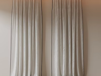 White Curtains with Black Edge Trim Hanging on Beige Wall in Room 3d model