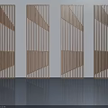 Four Wooden Hinged Doors With Geometric Patterns Arranged Against Light Colored Wall On Smooth Floor