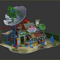Barbecue Shack Building with Solar Panels Satellite Dishes Flags Cactus and Outdoor Seating Area