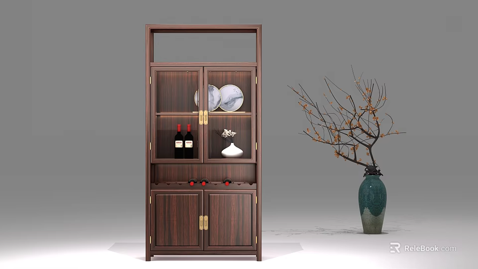 Dark Wood Wine Cabinet With Glass Doors Wine Bottles Decorative Plates And Green Vase 3d model 