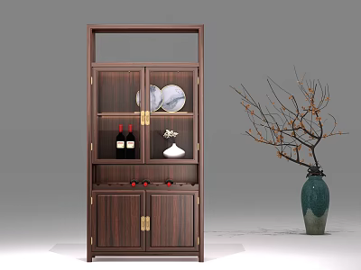 Dark Wood Wine Cabinet With Glass Doors Wine Bottles Decorative Plates And Green Vase 3d model