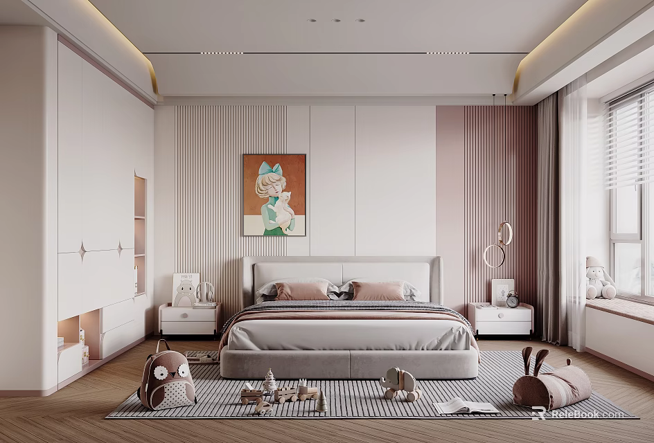 Soft Tones Kids Room Interior With Bed Wall Art Striped Rug And Stuffed Toys 3d model 