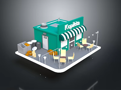 Kopitiam Traditional Food Cafe With Green Building Outdoor Tables And Chairs 3d model