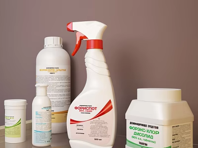 Bathroom Small Cleaning Items With Spray Bottles And Solution Containers In Various Sizes 3d model