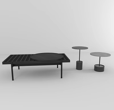 Modern Minimalist Coffee Table With Grid Design And Circular Tray Plus Round Side Tables 3d model