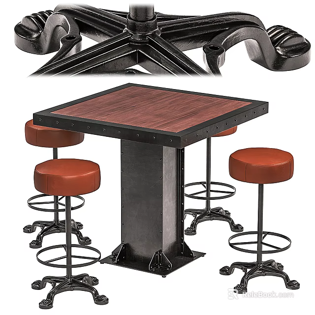 Industrial Style Bar Counter With Wooden Top Metal Base And Red Stools 3d model 