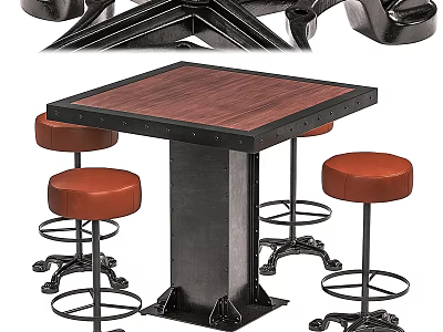 Industrial Style Bar Counter With Wooden Top Metal Base And Red Stools 3d model